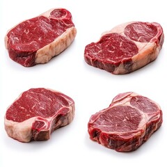 Obraz premium Exquisite raw steaks displayed elegantly on a white canvas, perfect for culinary enthusiasts and gourmet chefs.