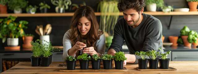 Young couple enjoys planting seeds in small pots while surrounded by greenery in their modern living room
