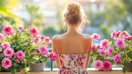 Elegant woman in a floral dress enjoys a sunny cityscape from a rooftop balcony, exuding peace and freedom in the daylight. The blurred background symbolizes serenity and optimism.

