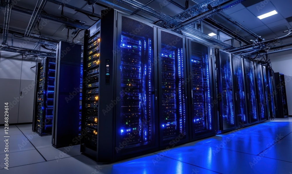 Poster state-of-the-art data center with rows of glowing servers, cold blue lighting emphasizing the advanc