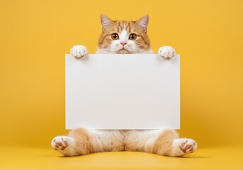 An adorable cat with a curious expression on his face sits with his front paws tightly clasped around an empty sign