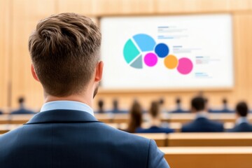 Business professionals engaged in a conference presentation with data visualization displayed on large screen in a modern conference room