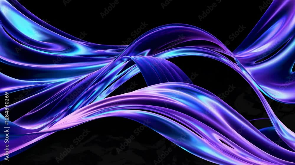 Poster dynamic abstract video with flowing, iridescent purple waves. captured from a low-angle, emphasizing