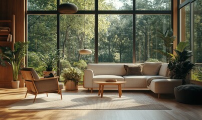 Stylish open-concept living area with floor-to-ceiling windows, sleek furniture, and soft wooden accents.