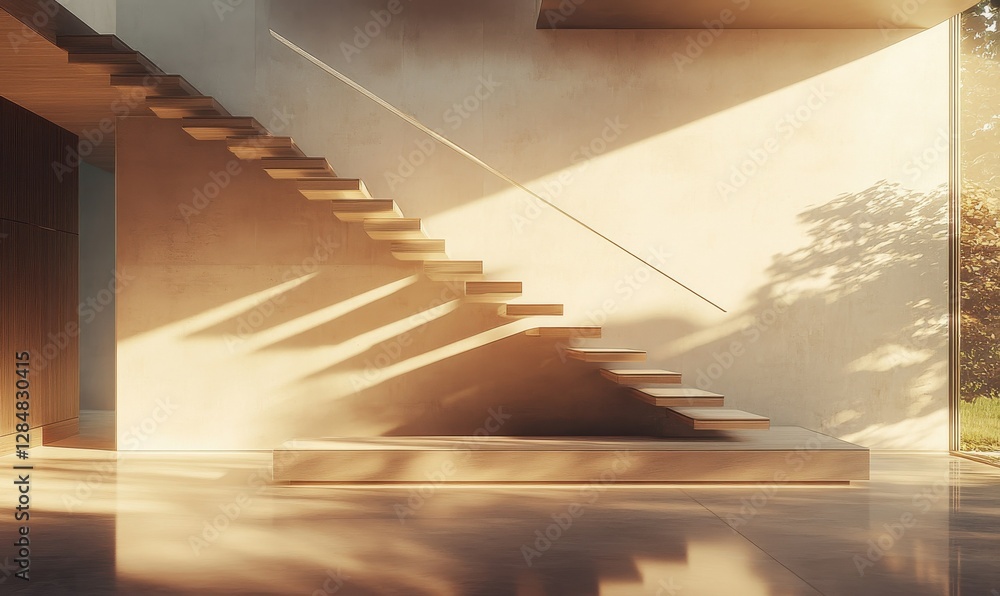 Poster sunlit modern staircase in a luxurious home with warm wooden steps and soft shadows creating depth.