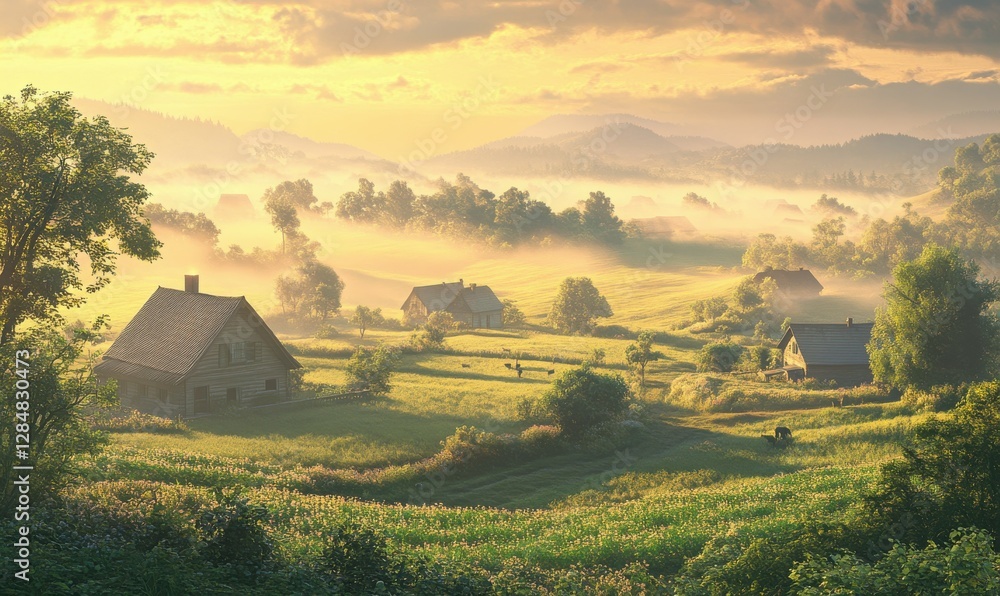 Aufkleber sunrise view of a tranquil rural landscape with soft mist hovering over green fields and distant cot