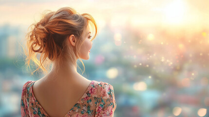 Elegant woman in a floral dress enjoys a sunny cityscape from a rooftop balcony, exuding peace and freedom in the daylight. The blurred background symbolizes serenity and optimism.

