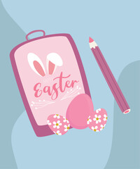 lustration of Happy Easter Text on a Tablet with a Piece of Paper and Pencil	