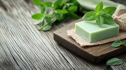 Handcrafted herbal soap bar on a rustic wooden board, showcasing organic ingredients and natural textures in a serene setting.