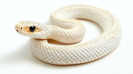 Fototapeta premium A striking snake flaunts its white body and piercing black eye against a background, showcasing its unique charm.