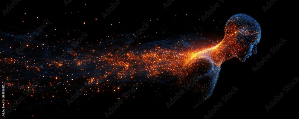 Poster digital human transformation with glowing particles and abstract background