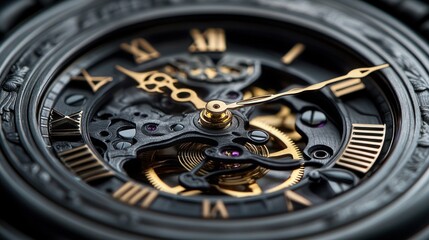 Close-up of intricate watch mechanism, showing gears and hands, in a dark background.  Use for luxury watches, timepieces, or mechanical engineering