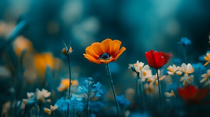 Obraz premium Colorful Flowers Emerging From a Field of Blue and Green Hues