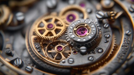 Close-up watch movement gears, intricate mechanism, precision engineering, detailed background