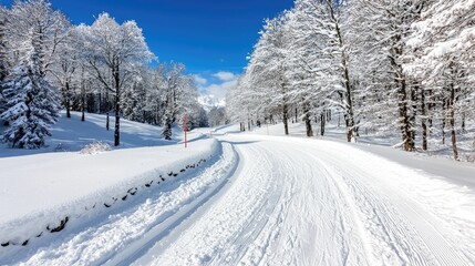 Snowy Winter Road Through Trees, Sunny Day, Ski Resort
