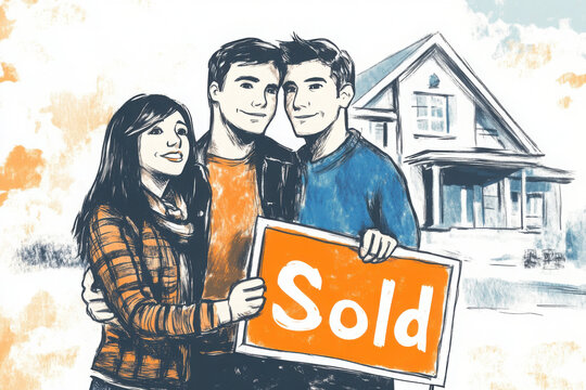 A happy young couple and their real estate agent celebrate buying a new home, holding a 'Sold' sign in front of a charming house sketch. - Powered by Adobe