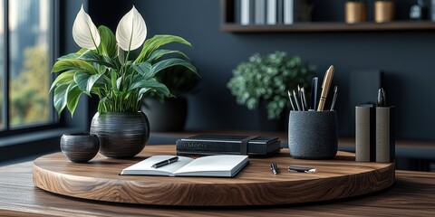 Serene Minimalist Home Office Workspace: A Modern Desk Setup with Peace Lily, Notebook, and Stylish Accessories