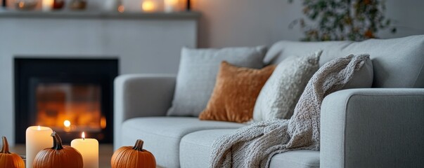 Cozy autumn living room with pumpkins and candles on a sofa near fireplace