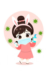 cartoon girl wearing a mask and holding sanitizer and nasal spray
