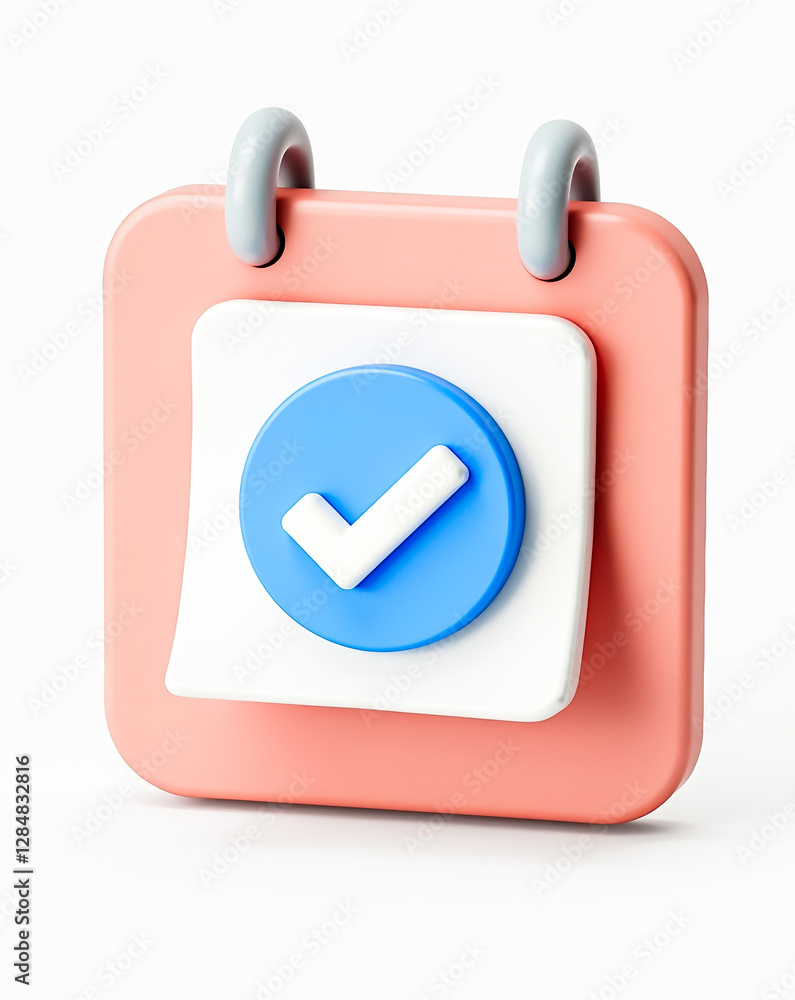 Poster 3d rendered pastel calendar with a checkmark symbolizing task completion