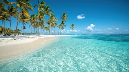 Fototapeta premium Tropical beach paradise; calm turquoise waters; palm trees line pristine white sand; ideal for vacation brochures