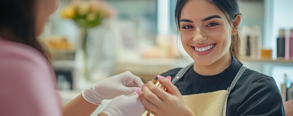 Young hispanic female smiling at beauty salon manicure appointment with friendly staff