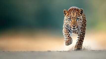 Fototapeta premium leopard jumping towards camera, wildlife 