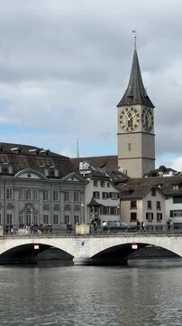Zurich, Switzerland, Zurich city center with Clock tower of the St. Peter Church in Zurich, Switzerland