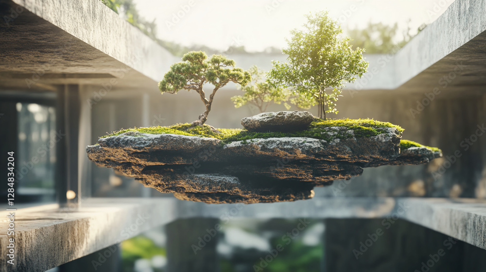 Aufkleber A small floating island with bonsai trees and moss on a rock, illuminated by soft sunlight, symbolizing nature's growth and harmony in a futuristic and serene environment.