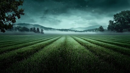 Serene Night Landscape with Lush Green Grass, Rolling Hills, and Misty Background Under Stars