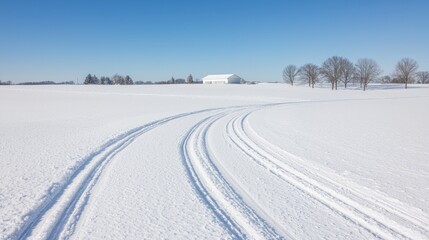 Obraz premium Snowmobile tracks curve across snowy field, winter landscape, barn in distance
