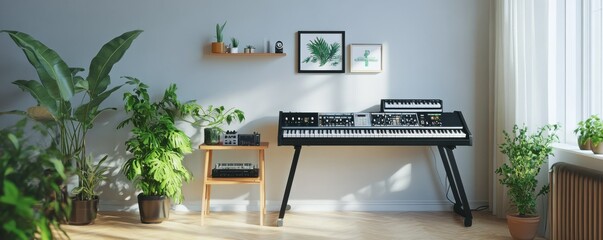 Home music studio with stylish keyboard and indoor plants in bright minimalist space