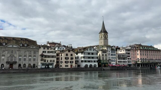 Zurich, Switzerland, Zurich city center with Clock tower of the St. Peter Church in Zurich, Switzerland