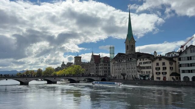 Zurich, Switzerland, Zurich city center with Fraumunster church and Munsterbrucke, Switzerland, Limmat river