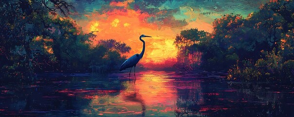 Graceful heron standing still in serene waters during vibrant sunset reflections