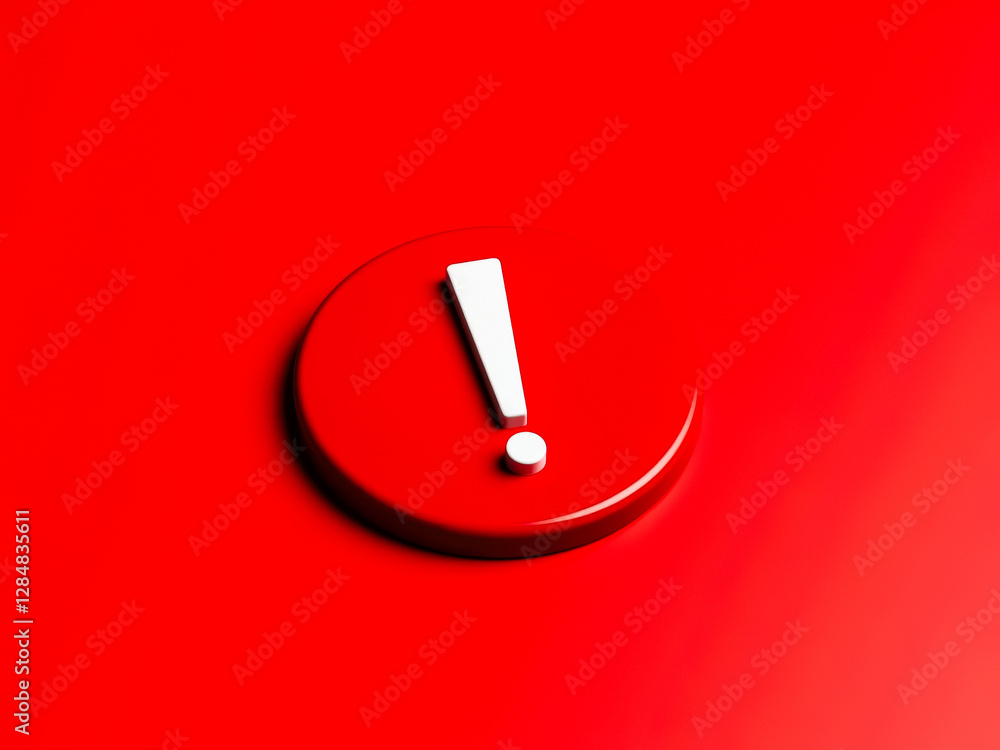 Poster close-up of a white exclamation mark on a red circular button