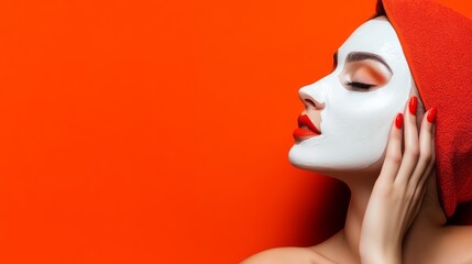 Beautiful woman with a white face mask on her face and a red towel over her head, isolated on a red background. Conceptual image for spa or beauty treatment advertising banner template. Stock photo.