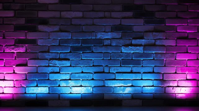 Black brick wall background with neon lighting effect from pink and purple to blue, Ai Generated.