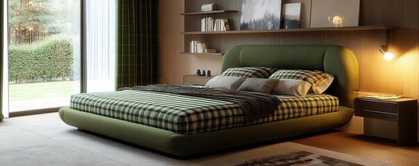 Fototapeta premium Cozy modern bedroom with green plaid bedspread and scenic window view