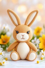 Obraz premium Soft and charming handmade rabbit toy surrounded by vibrant yellow and white flowers in a cozy setting
