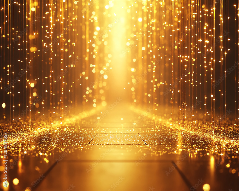 Poster golden sparkling lights cascading from above creating a magical atmosphere, symbolizing luxury, cele