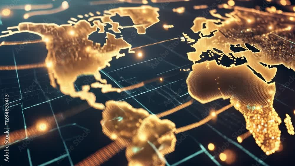 Poster in a futuristic realm, a world map is seamlessly integrated with vast digital data and intricate ana