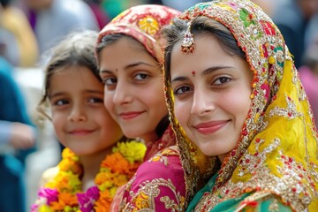 Fototapeta premium Three women in colorful attire smiling at a festival