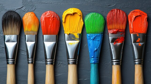 Colorful paintbrushes on dark grey surface, art supplies, creative background