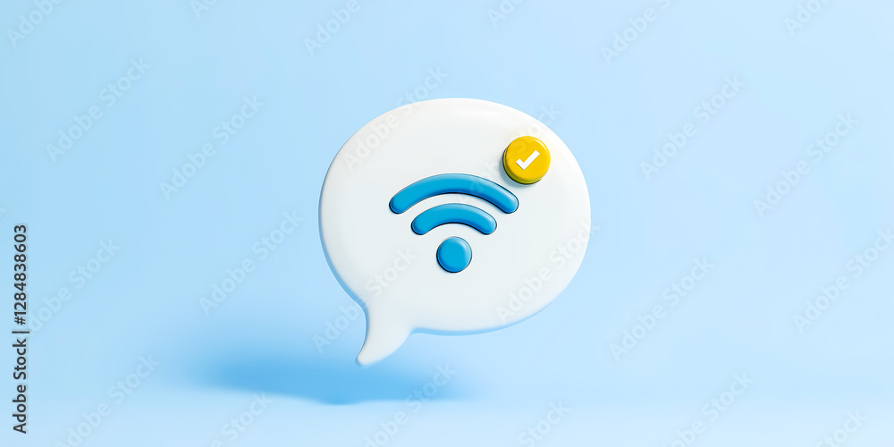 Aufkleber 3d rendering of a white speech bubble with a blue wifi symbol and a yellow checkmark