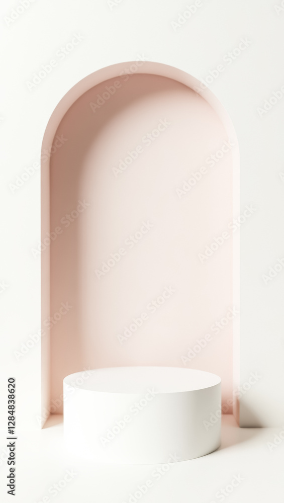 Poster pristine white cylindrical platform in a minimalist studio setting with soft pink and white arched b