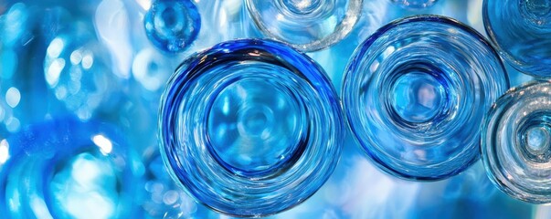 Vibrant blue glass bottles overlapping with abstract circular patterns