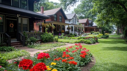 Colorful Row Houses with Lush Gardens
