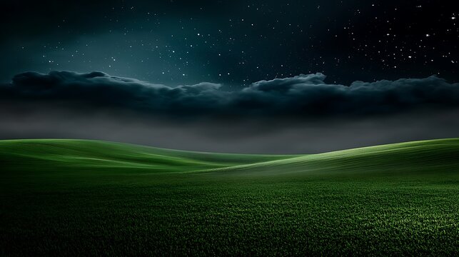 Serene night landscape with rolling green hills under a starry sky and dramatic clouds