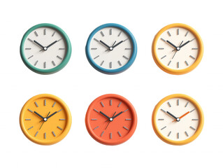 a collection of six clocks with different colored frames.